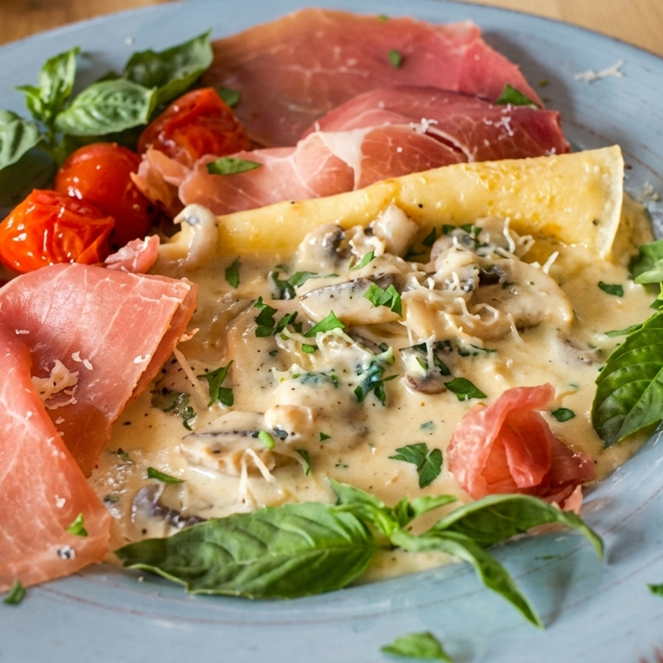 Blue plate of creamy mushroom polenta topped with prosciutto, roasted tomatoes, grated cheese, and fresh basil.