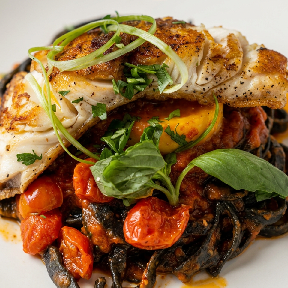 Seared white fish with crispy skin served over black pasta, roasted tomatoes, herbs, and orange sauce.