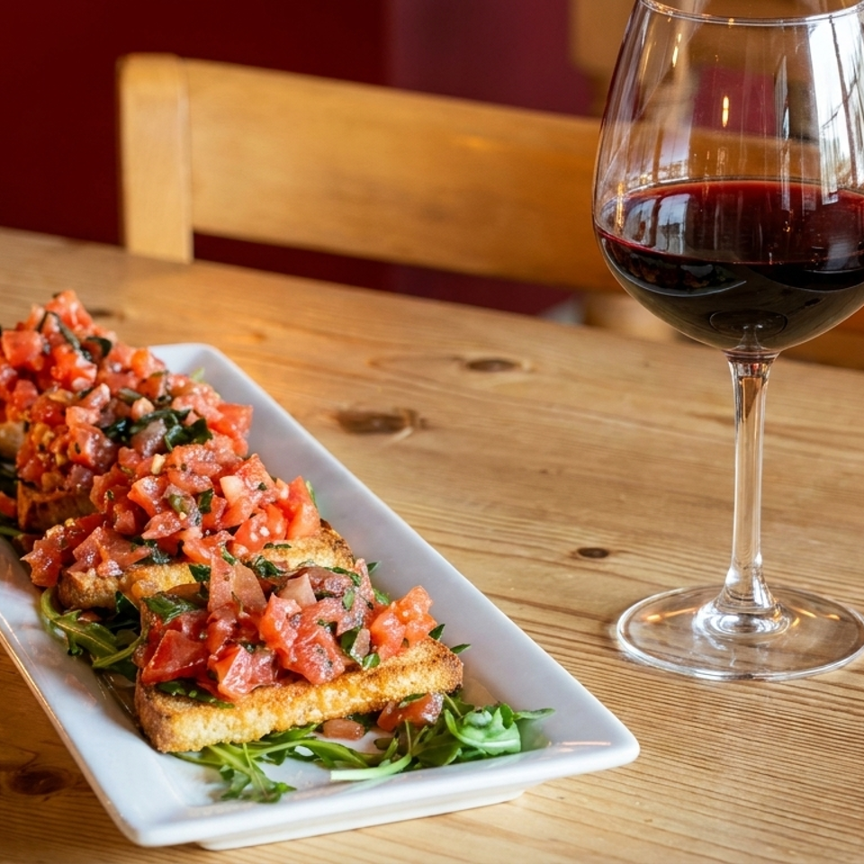 Bruschetta topped with diced tomatoes and herbs on a rectangular plate beside a glass of red wine at a wooden restaurant table.