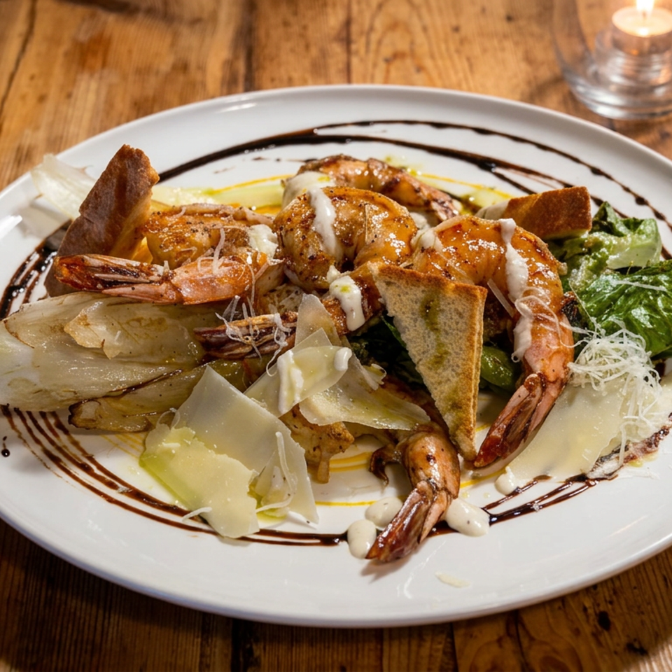 Plated shrimp dish with grilled vegetables, crispy bread, cheese shavings, and drizzled sauces on a wooden restaurant table.