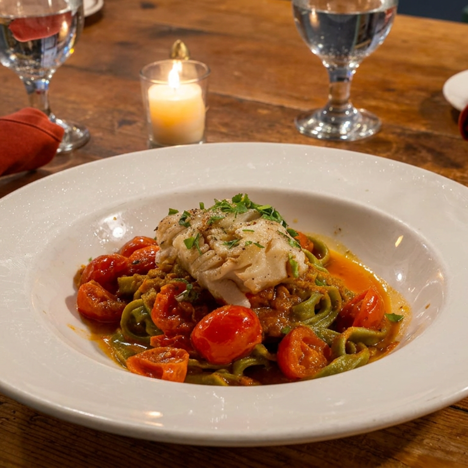 Green pasta with cherry tomatoes and grilled fish in tomato sauce, served on a white plate beside wine glasses and candlelight.