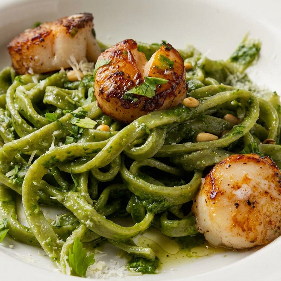 Green pesto pasta topped with seared scallops, pine nuts, grated cheese, and fresh herbs on a white plate.