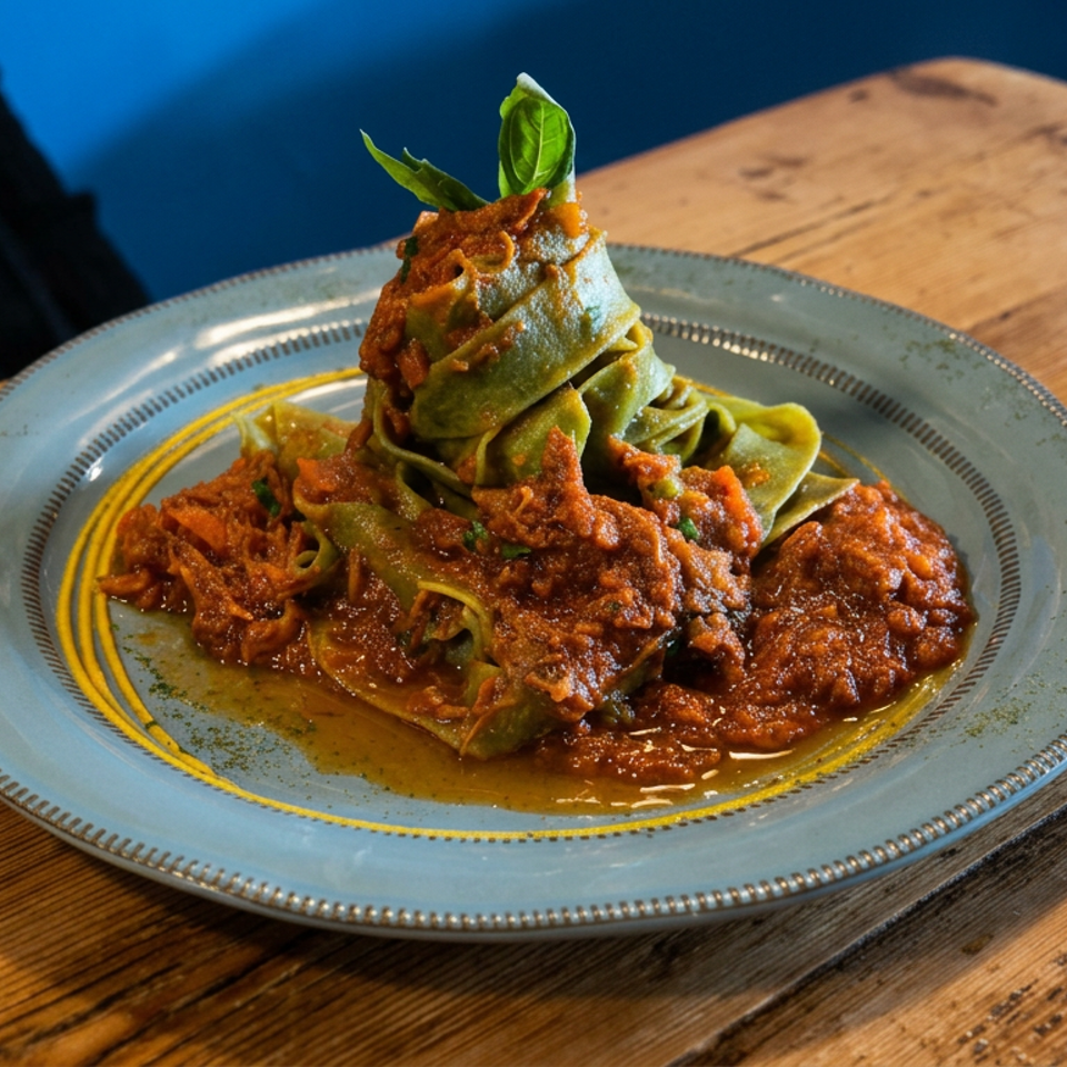 Green pasta topped with rich tomato sauce, garnished with fresh basil, served on a decorative plate atop a rustic wooden table.