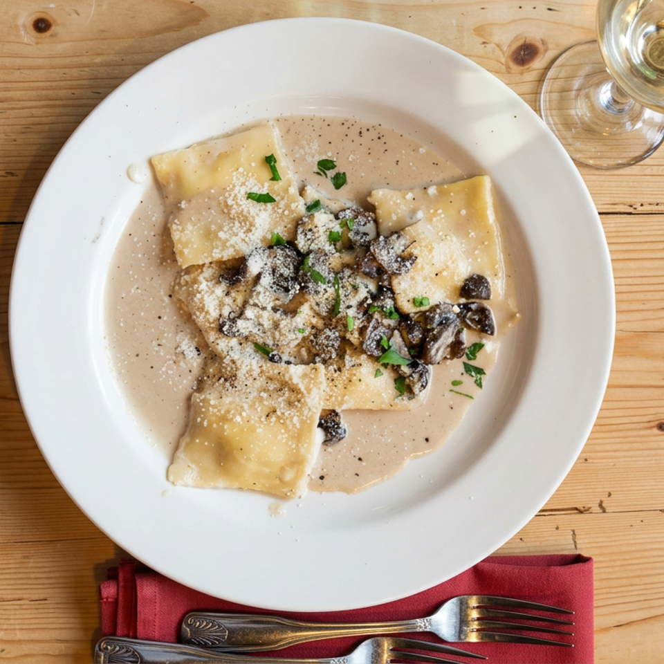 Overhead view of ravioli in creamy sauce topped with mushrooms, grated cheese, and parsley on a wooden dining table.