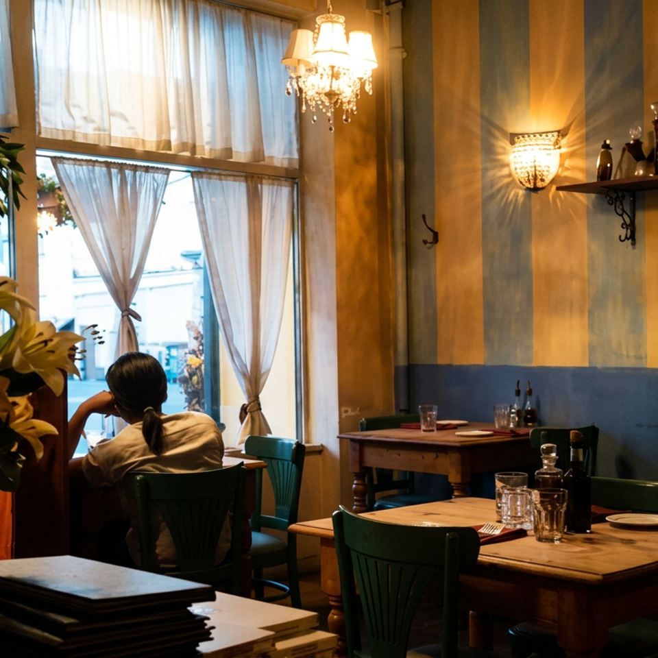 Warmly lit restaurant interior with wooden tables, green chairs, floral arrangement, decorative bottles, and a seated diner by the window.