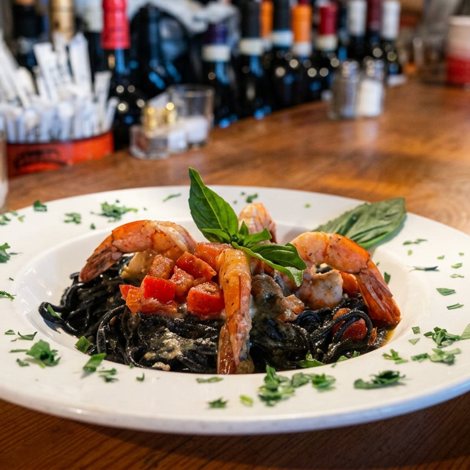 Black squid-ink pasta topped with shrimp, tomatoes, herbs, and basil on a white plate at a restaurant bar.
