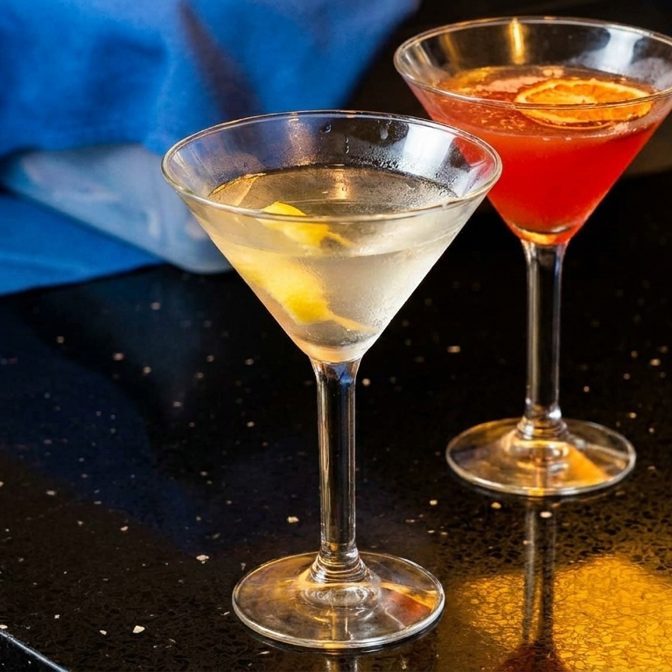 Two martini glasses sit on a glossy dark bar, holding a clear lemon-garnished cocktail and a red citrus-garnished drink.