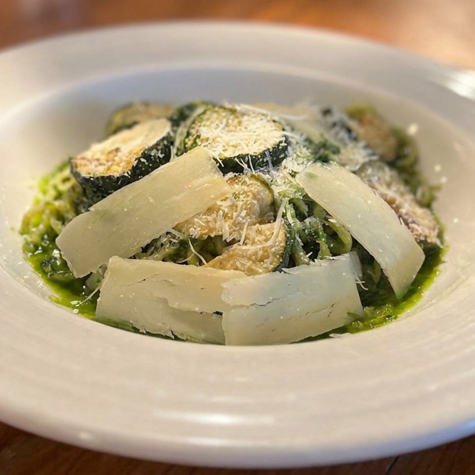 A plated green vegetable dish with roasted zucchini slices, shaved cheese, and creamy sauce on a white plate.