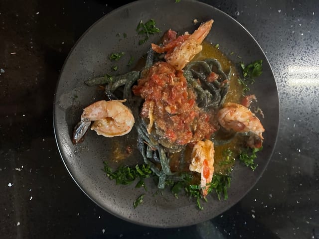 Squid Ink Fettuccine al Gamberoni.