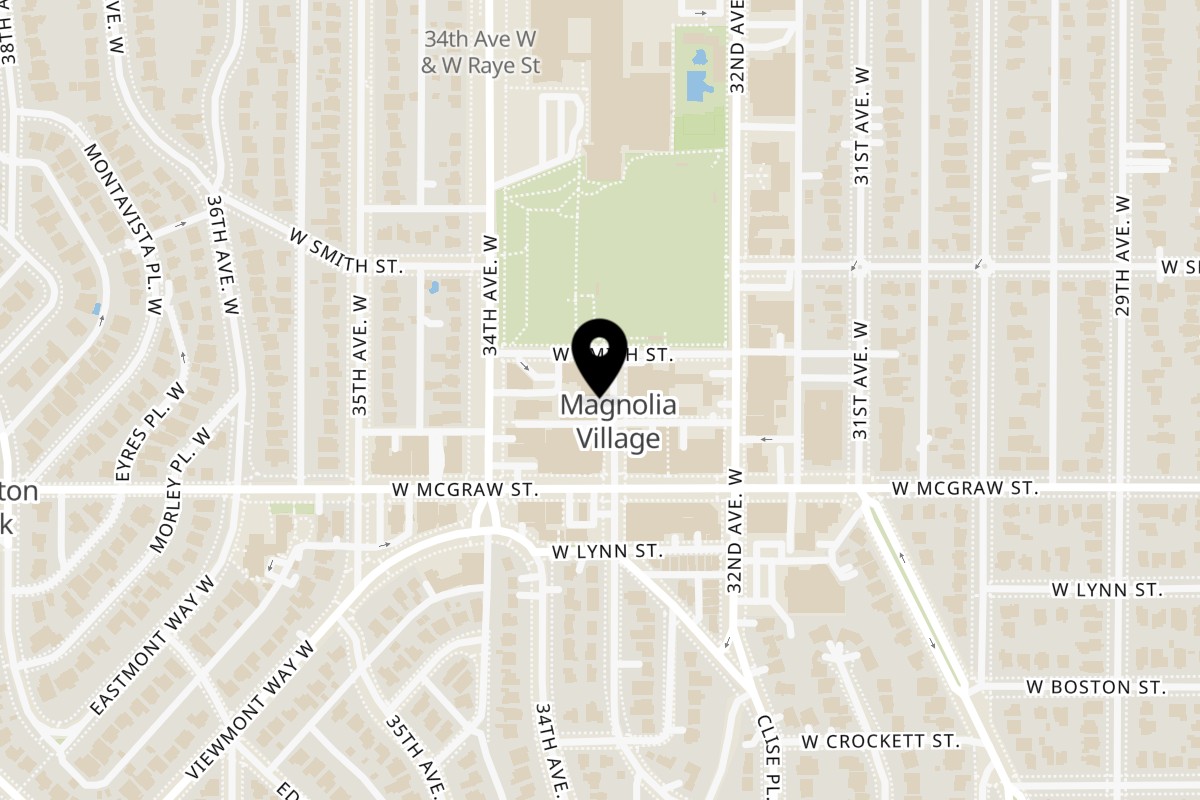 Map showing the location of Mondello Italian Restaurant on 2425 33rd Ave W Unit 3 in Seattle